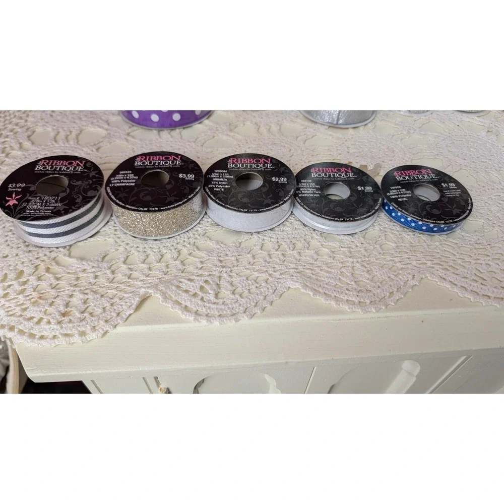 Huge Lot Ribbon 24 Rolls New And Used Glitter,‎ Grosgrain, Wired, Plaid, Navy